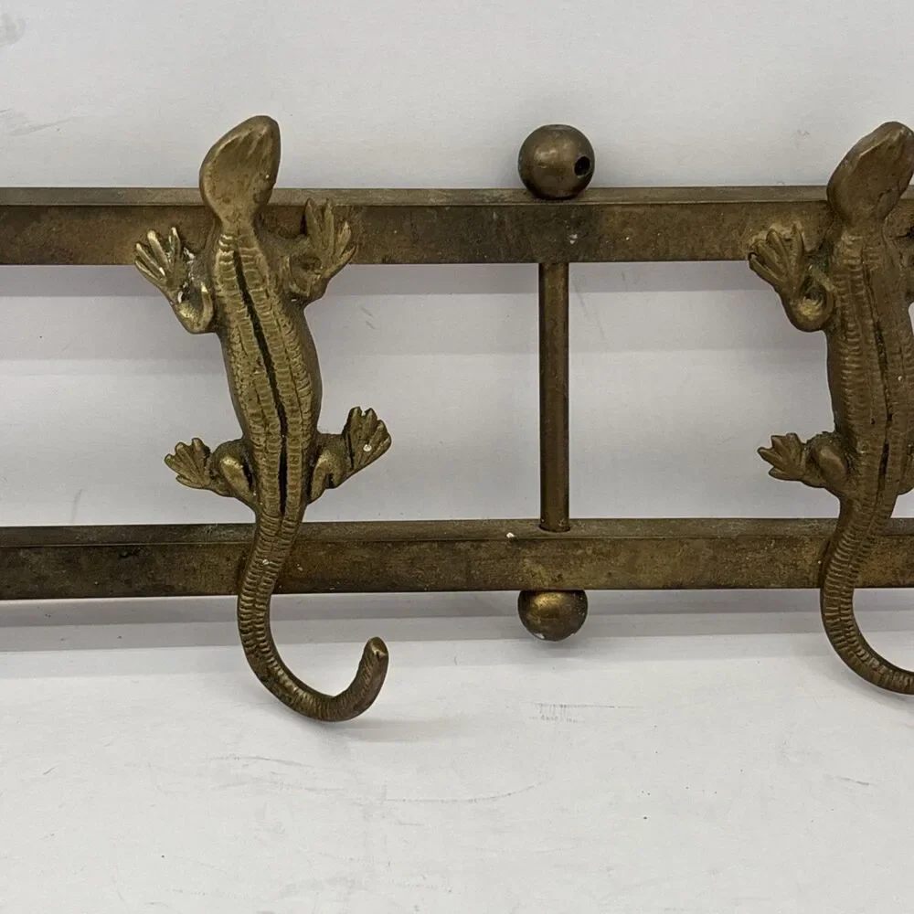 Vintage Solid Brass 5-Hook Lizard Gecko Wall Rack Coat Key Towel Hanger Boho 22
